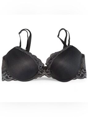 Natori Feathers Plunge Bra 34C Gray Lace Contour Underwire Sexy